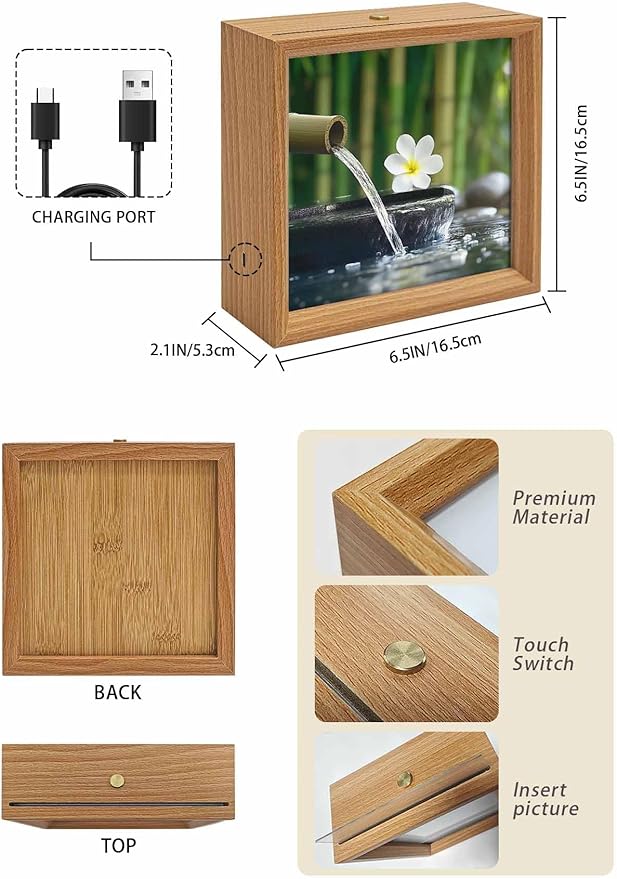 Wood Night Light Box 6.5x6.5in,Zen Meditation Plumeria Flower Table Lights Wooden Picture Frame with USB Rechargeable Touch LED Lights for Home Decor Desktop Display,Flowing Water Forest