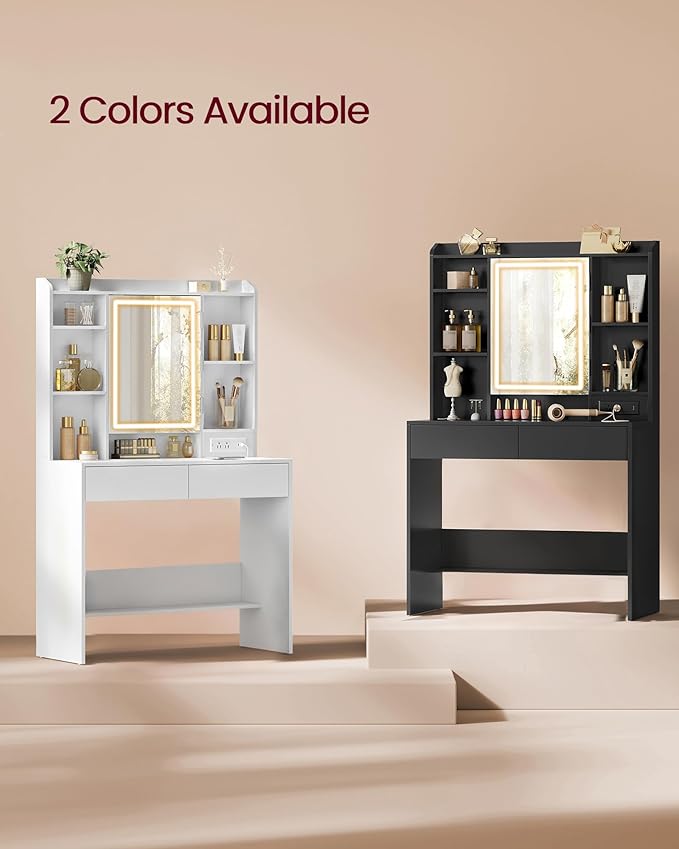VASAGLE Kailyn Collection - Vanity Desk with Power Outlets, Makeup Vanity with Mirror and Lights, LED Lights, 6 Compartments, 2 Drawers, for Bedroom, Cloud White URDT031WB02S