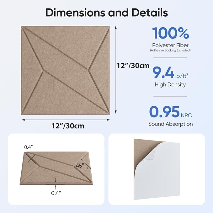 12 Pack 12" X 12" X 0.4" Acoustic Panels for Wall Sound Absorbing, P-Stripes Square Self-Adhesive Sound Panels, High Density Suitable for Multiple Scenarios(Dark Camel)