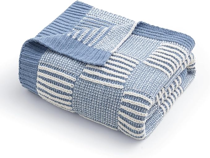 Amélie Home Checkered Knit Throw Blanket for Couch, Chenille Texture Decorative Soft Blanket for Sofa & Chair, 50"x60", Blue & White