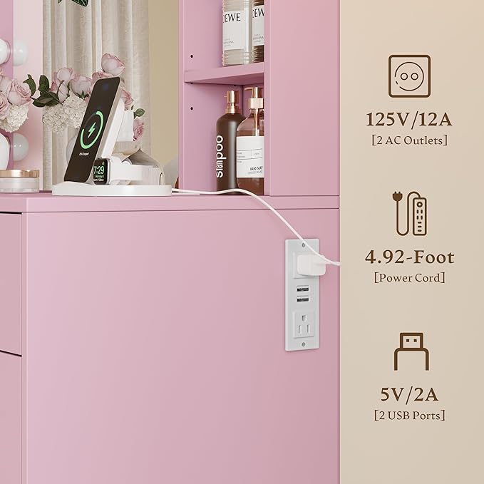 Makeup Vanity with Drawers, 43" Pink Vanity Desk with Mirror and Lights, 11 Drawers & 4 Shelves, Power Outlet & Adjustable LED Lights, Dressing Table for Women & Girls Bedroom