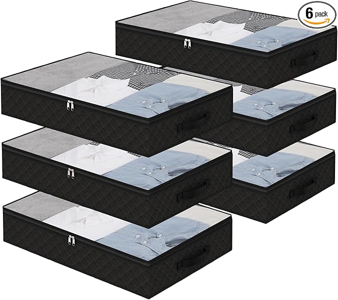 Fixwal Black Underbed Storage Bags with Clear Window and 2 Reinforced Handles Under Bed Storage Containers for Clothing, Bedding, Comforter (6 Pack)