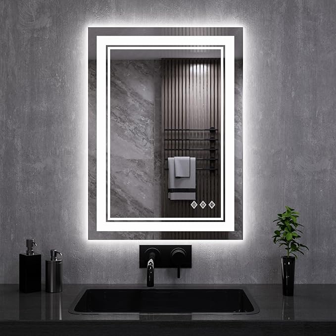 LED Mirror, 20x28 Inch Gradient Front and Backlit LED Bathroom Mirror, 3 Colors Dimmable CRI>90, IP54 Enhanced Anti-Fog Bathroom Mirror with Lights