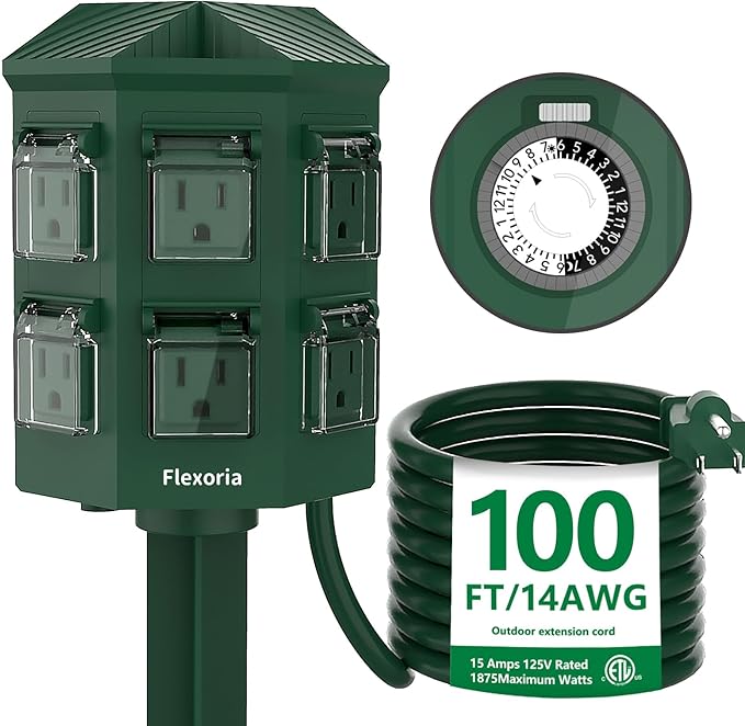 Flexora Outdoor Power Strip with 24-Hour Mechanical Timer, 100 FT Extension Cord Waterproof, 6 Grounded Outlets for Graden and Yard Decorations, ETL Listed