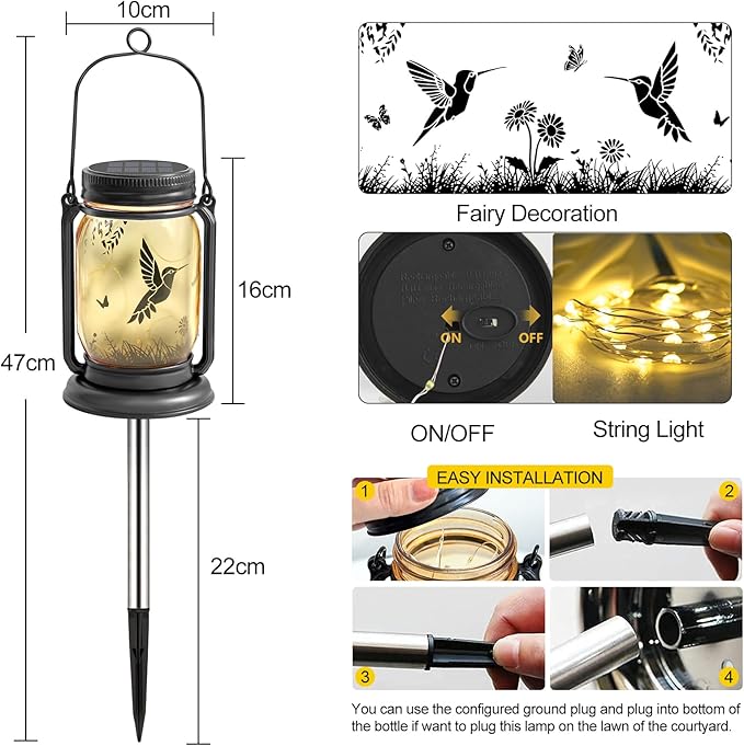 YJFWAL Hummingbird Solar Lanterns Outdoor Waterproof - Birthday, Mothers Day Gifts for Women Mom Grandma, Mason Jar Garden Lights for Patio, Yard, Porch, Balcony, Garden Decor