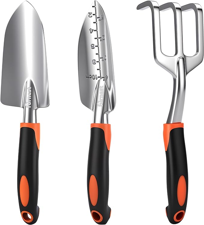 Garden Tool Set, 3 Pack Aluminum Heavy Gardening Kit Including Hand Shovel, Transplant Shovel and Hand Rake for Planting, Digging, Weeding