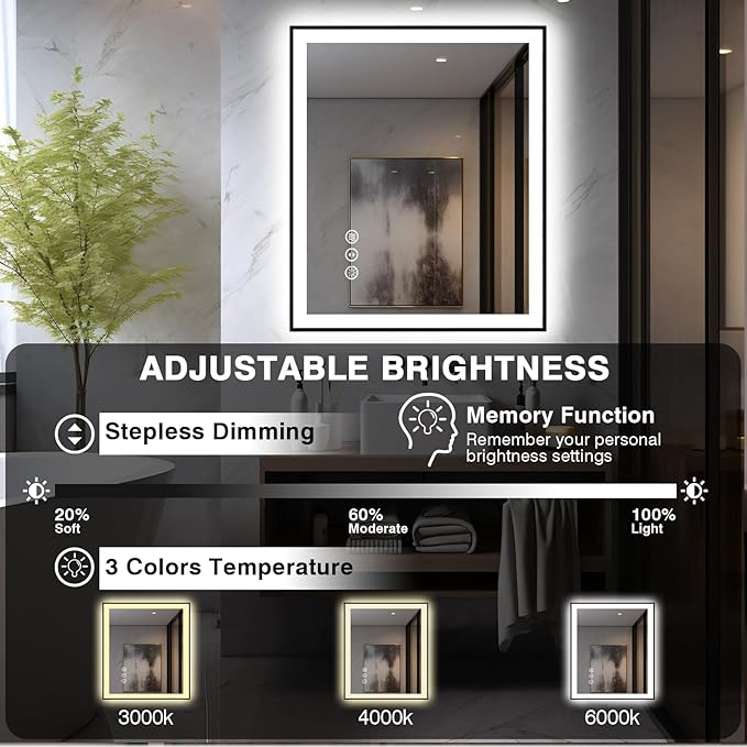 32x36 LED Bathroom Mirror - Black Border (Front and Backlit), Anti-Fog Vanity Mirror with Lights,Stepless Dimmable Illuminated Mirror,3 Colors Smart Mirror(Horizontal/Vertical)