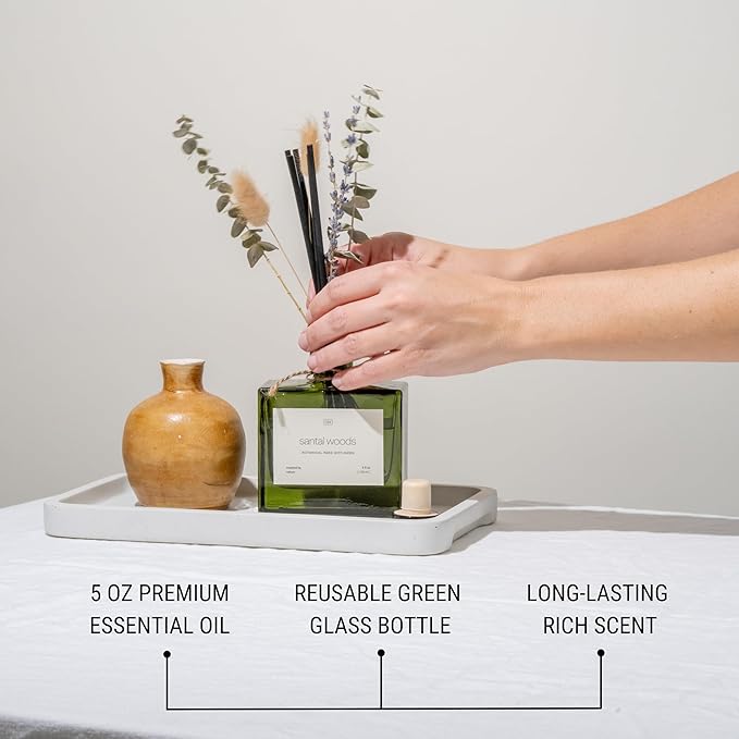 Craft & Kin Reed Diffuser with Dried Flowers | 5 oz Santal Woods Scented Reed Diffusers for Home, Bathroom | Scent Sticks | Elegant Fragrance Home Decor for Men & Women