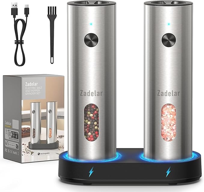 Salt and Pepper Grinder Set Electric,Rechargeable Salt and Pepper Shakers Stainless Steel with USB C Dual Charging Base,Upgraded Large Capacity,Adjustable Coarseness,LED Light,Ideal for Mom