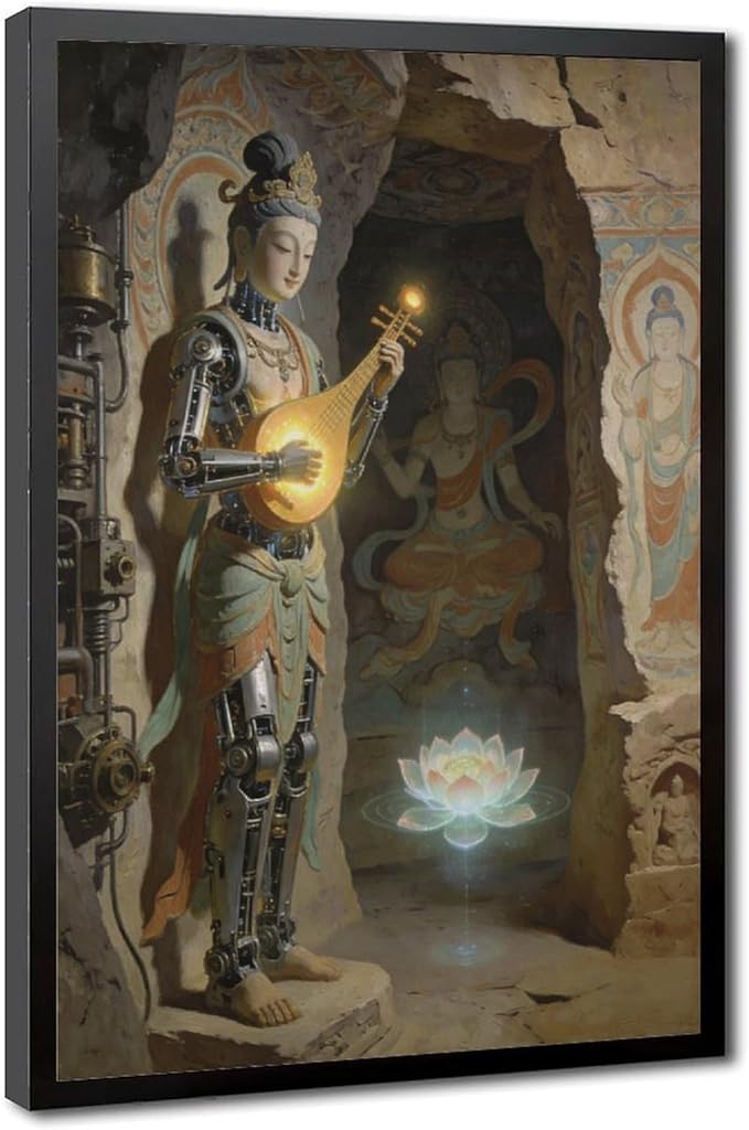 Framed Steampunk Mechanical Fairy Wall Art - Cultural Retro-Futuristic Poster for Home Office Bedroom Decor 16x24in
