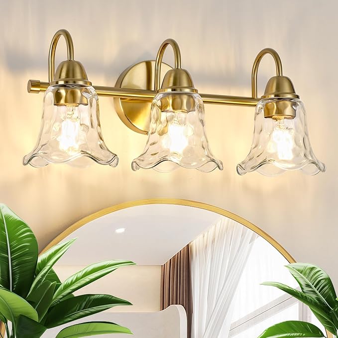 Bathroom Light Fixtures Over Mirror, 3 Lights Vintage Wall Sconces with Hammered Glass Shade, 19.3" Gold Bathroom Wall Light Fixtures for Bedroom, Porch, Hotel, Mirror Cabinet