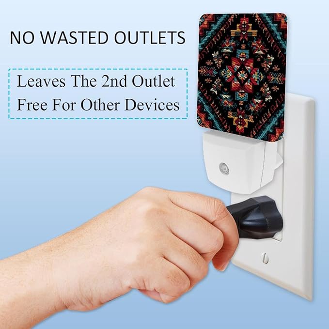 2 Count Tribal Navajo and Native LED Night Light, Plug-in, Dusk-to-Dawn Sensor, Energy Efficient, Ideal for Bedroom, Bathroom, Stairs, Hallway