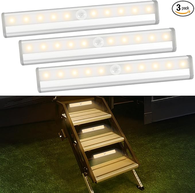 3 Pack Motion Activated RV Step Lights, 10 LED Battery Operated Motorhome Motion Sensor Light Strip, Magnetic Night Light Bar for Motorhome Travel, Trailers, Camper (Warm Light)