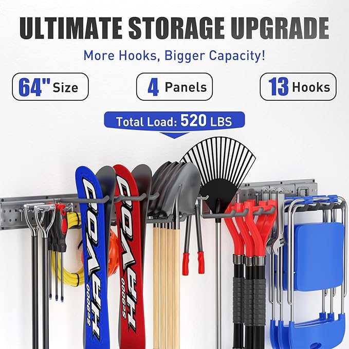 Garage Tool Organizer Wall Mount 64 inches with 13 Adjustable Heavy-Duty Hooks, Garage Organization, Garden Tool Storage Rack, Yard, and Shed, Holds Up to 520 lbs (Grey)