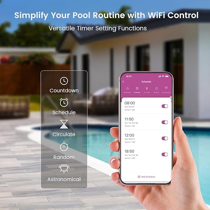 SURAIELEC WiFi Pool Timer, Outdoor Indoor Smart Switch, 40 AMP, 2HP, 120, 240, 277 VAC, Heavy Duty Pool Controller Light Timer Box for Pool Pump, Water Heater, Spa, Powerful Electrical Appliances