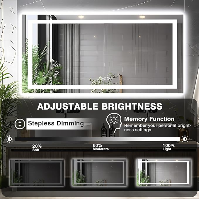 72"x36" Bathroom Mirror with Lights (Front and Backlit), Anti-Fog LED Lighted Bathroom Mirror, Stepless Dimmable Vanity Mirror, 3 Colors Smart Mirror (Horizontal/Vertical)