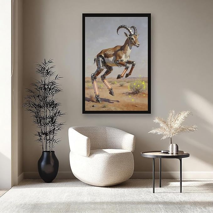 Framed Steampunk Mechanical Antelope Wall Art - Desert Futuristic Poster for Loft Living Room Decor 20x30in