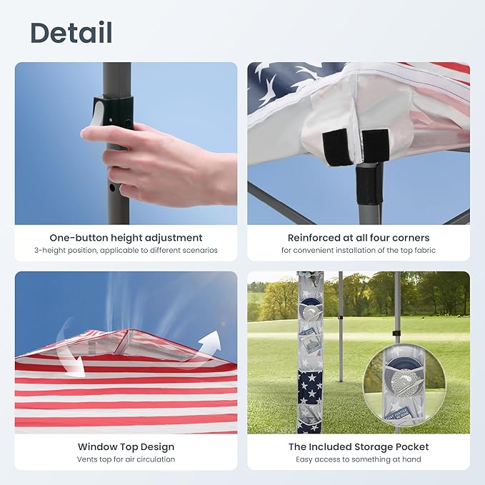 PHI VILLA 10’x10’ Pop Up Canopy Tent - One Push Setup, Instant Shade Tent with Vented Roof for Beach & Events - Includes Storage Bag, Sandbags, Stakes & Ropes (American Flag)