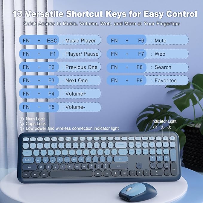 HotFox Wireless Keyboard and Mouse Combo, Full-Size Retro Typewriter Keyboard with Round Keycaps, Ergonomic Design for Windows PC, Home and Office Use -Blue