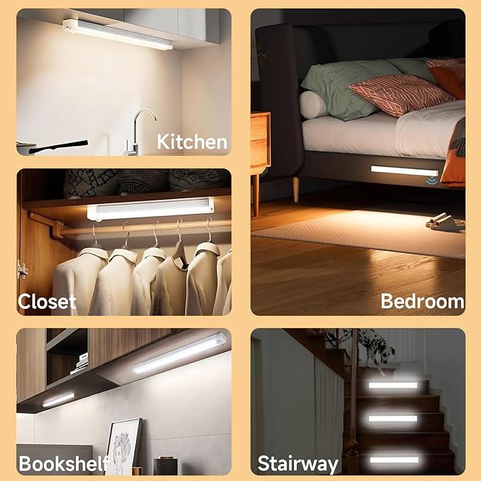6 Pack Under Cabinet Light,Rechargeable Indoor Wireless Closet Lights for,Stairs Cabinet,Kitchen,Motion Sensor LED Lights with Magnetic 8 inch