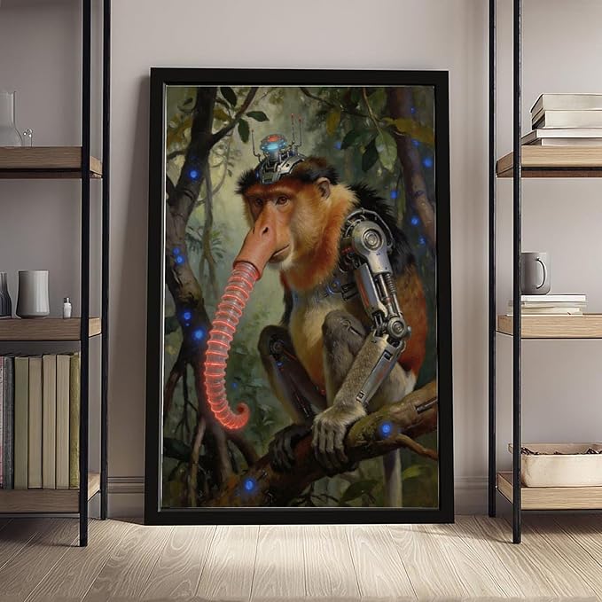 Framed Steampunk Mechanical Proboscis Monkey Wall Art - Jungle Neon Retro Poster for Apartment Leisure Area Decor 08x12in