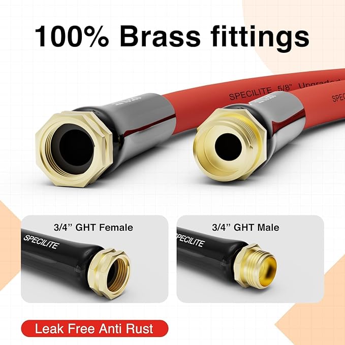 SPECILITE 3/4" Hot/Cold Garden Water Hose 50 ft, -50℉-190℉,Flexible & Lightweight With 3/4" Brass Fittings for Yard, Outdoor, Farm, Red