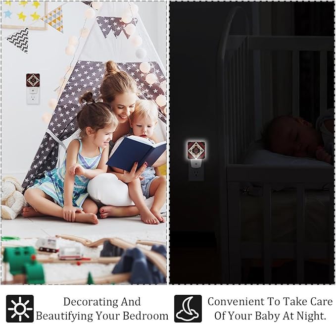 2 Count Tribal Navajo and Native (2) Plug in Night Light, LED Nightlights with Smart Dusk to Dawn Sensor for Kids, Nursery, Bedroom, Bathroom,Hallway, Stairs, Kitchen