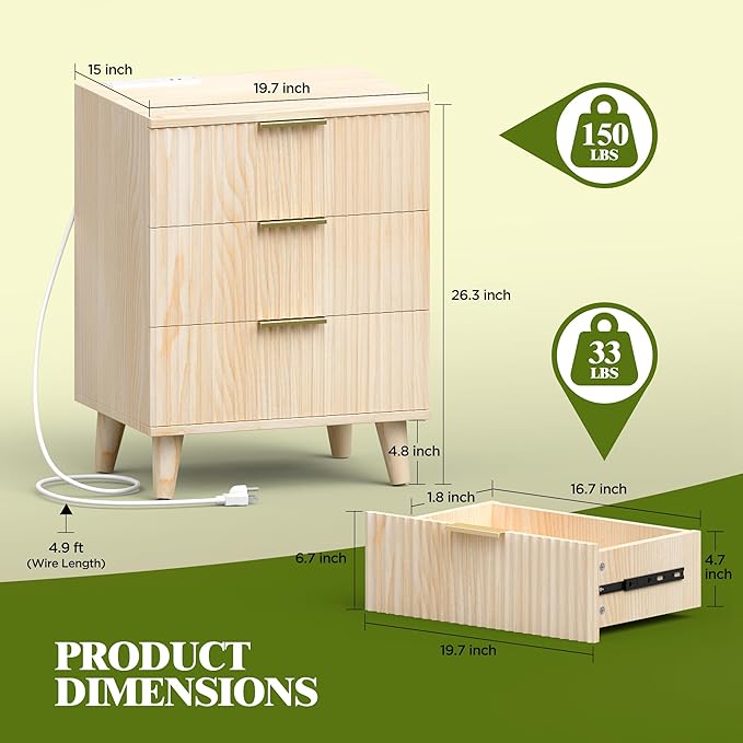 Fluted Nightstand with USB Charging Station, 3 Drawer Dresser Wood Modern Night Stand Bedside Table with Quiet Drawers & Large Storage End Table for Bedroom (1pcs, Natual)