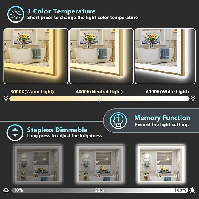 48x36 Gold LED Bathroom Mirror with Lights, Brushed Gold Framed Backlit and Front Lit Anti-Fog Lighted Vanity Mirrors for Bathroom Wall, Dimmable, 3 Colors, Memory, HD Tempered Glass, CRI＞90