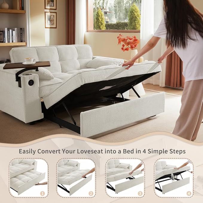 65'' Convertible Sleeper Sofa Bed with Adjustable Backrest, Chaise Lounge, Side Table & USB/Type-C Ports – Stylish & Functional Addition to Any Living Room (Modern Beige Sofa Bed)
