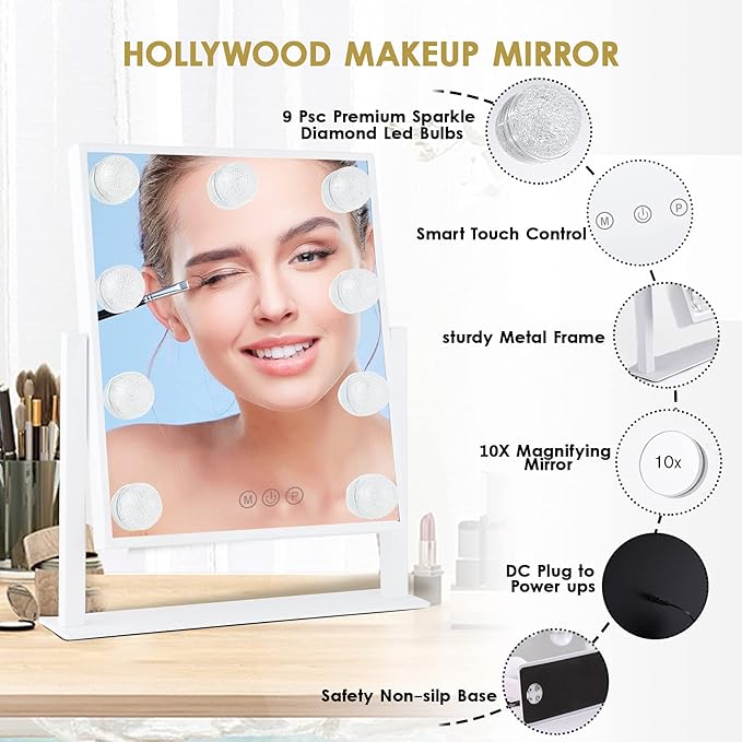 Vanity Mirror with Lights, Hollywood Lighted Makeup Mirror with 3 Color Modes and 9 Dimmable Diamond LED Light Bulbs, Detachable 10X Magnification, 360° Rotation, Touch Control, White