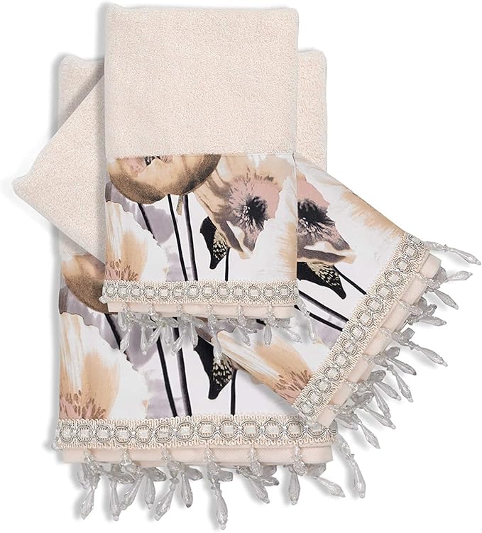 Zahari Home Poppy Fields Modern Bathroom Towel Set - 3 Piece Contemporary Decor Ensemble in Beige