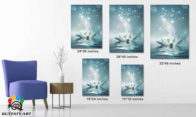 Zen White Lotus Flower Canvas Wall Art, Lotus Flower Pictures Bathroom Zen Print, Spiritual Water Lily Canvas Prints, Lotus Bloom on Water Poster, Zen Calm Relax Artwork for Yoga Spa Room 18x24 inch