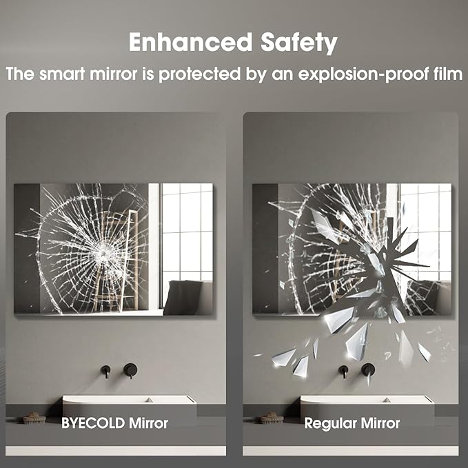 BYECOLD Smart Bathroom Mirror with Bluetooth Wi-Fi Enabled Weather Display, 48”X 24” Fog Free, LED Light Vanity Mirror Backlit Frameless Lighted Touch Sensor Makeup for Wall - Horizontally Hang Only