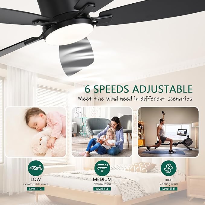 52inch Ceiling Fans with Lights, Low Profile Ceiling Fan with Light and Remote Control/APP Control, Flush Mount, Reversible DC Motor, Dimmable, Noiseless, Black Ceiling Fan for Bedroom