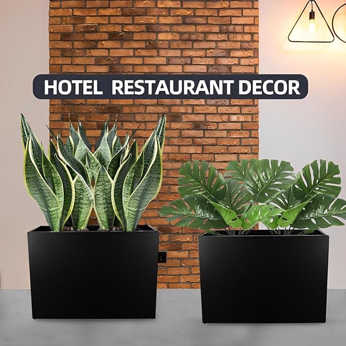 Metal Tall Long Planter Box Large Rectangular Planter Flower Pot with Drainage Holes for Indoor Outdoor Deck Porch Garden Home Patio Front Door (Black, M)