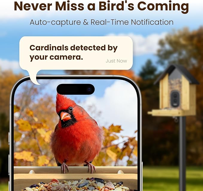 Bird Feeder with Camera, Smart Bamboo Bird Feeder, 2.5K UHD AI Identification, Real-time Videos & Pictures, Wireless Solar Powered Outdoor, Ideal for Garden Birding, Premium Present