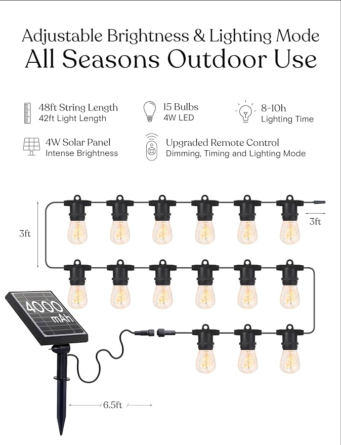 Brightech Ambience Pro Super Bright 48 Ft, 15 Bulbs Solar Power Remote Control Outdoor String Lights, Edison Spiral Shatterproof Bulbs, Commercial Grade LED, Waterproof Patio Lights, 4W Soft White
