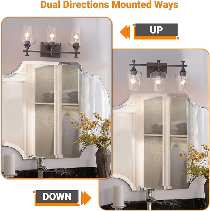 3 Light Bathroom Vanity Light - Black Bathroom Lighting Fixtures Over Mirror, Modern Wall Sconces with Transparent Glass Lampshade for Bedroom Living Room Kitchen Cabinet Stair Hallway