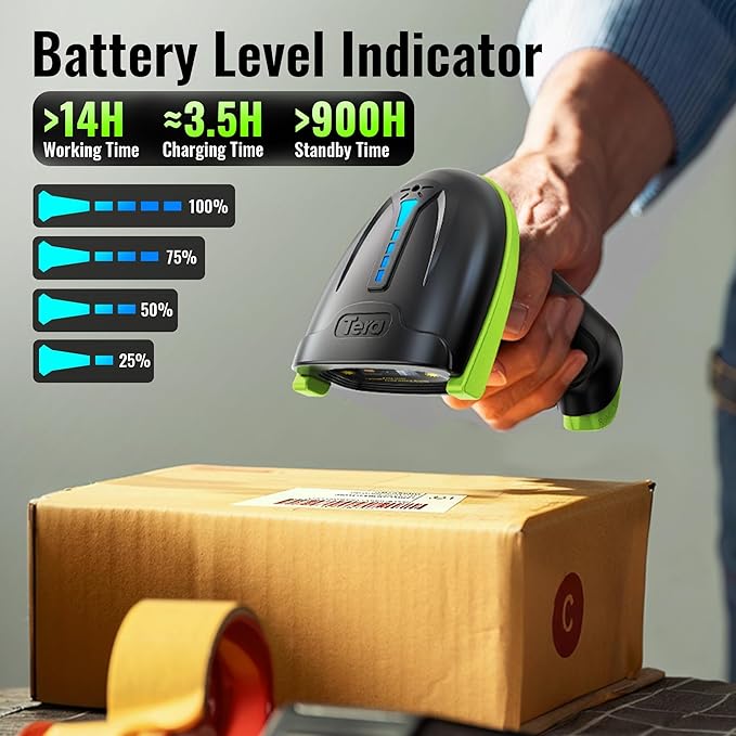 Tera Barcode Scanner Wireless Versatile 2-in-1 (2.4Ghz Wireless+USB 2.0 Wired) with Battery Level Indicator 328 Feet Transmission Distance Rechargeable 1D Laser Bar Code Reader USB Handheld (Green)