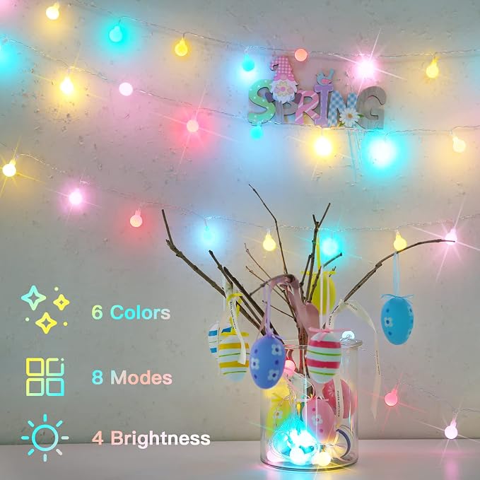 suddus Globe String Lights Bedroom, 100 Led Battery Powered Fairy Lights, Indoor String Lights for Classroom, Backyard, Patio, Garden, Party, Bedroom, Living Room, Easter, 6 Colorful Light