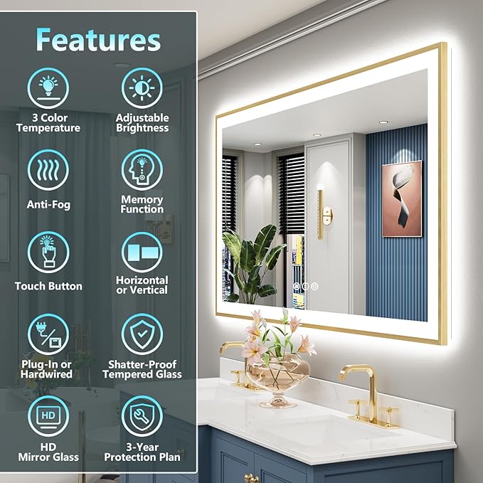 66x36 Gold LED Bathroom Mirror with Lights, Brushed Gold Framed Backlit and Front Lit Anti-Fog Lighted Vanity Mirrors for Bathroom Wall, Dimmable, 3 Colors, Memory, HD Tempered Glass, CRI＞90