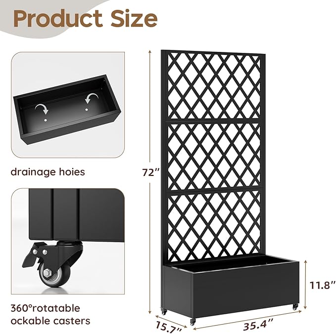 Metal Raised Garden Bed with Trellis & Wheels,72" x 35"x 15.7" Planter Box with Trellis,Privacy Planters for Patio,Garden Bed for Climbing Plants,Suitable for Climbing Plants and Vegetables,Black