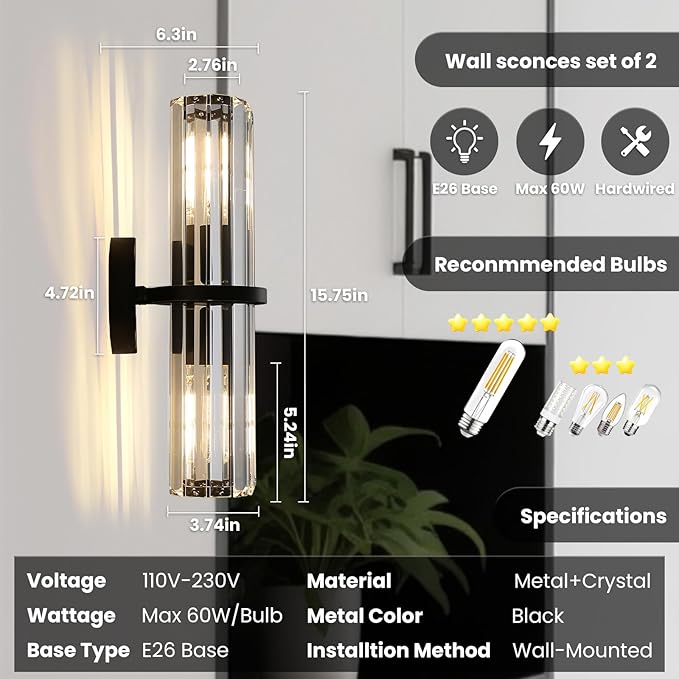 Crystal Wall Sconce Set of Two, 2-Light Black Luxury Indoor Vanity Wall Lamp, 15.7-Inch Upper and lower illuminated Bathroom Light Fixtures, for Living Room, Bedroom, Bathroom, Hallway, Mirror, E26