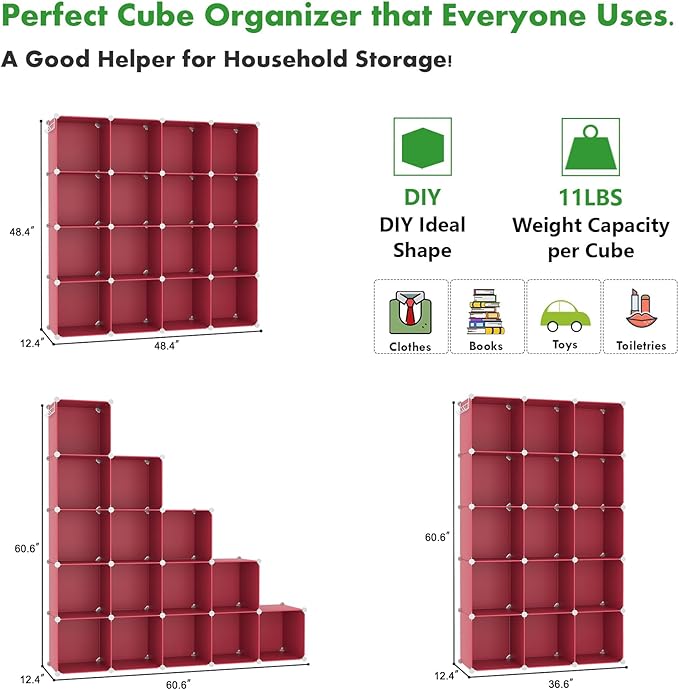 C&AHOME Cube Storage Organizer, 16-Cube Shelves Units, Plastic Storage Cubes, DIY Closet Organizer, Modular Closet Storage Shelves Ideal for Home, Bedroom, 48.4" L × 12.4" W × 48.4" H Red UPCS16R