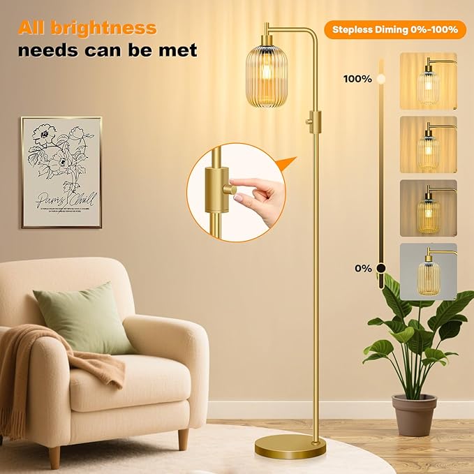 【Upgraded】 Dimmable Glass Floor Lamp for Living Room, Modern Gold Standing Lamp with Amber Ribbed Glass Lampshade & Knob Dimmer, Arc Tall Lamp for Bedroom Office Reading Room, 2700K Led Bulb Included