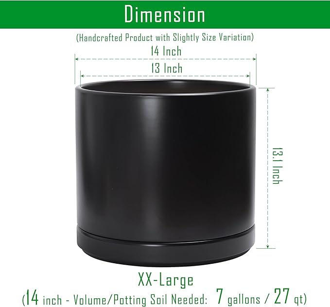 D'vine Dev 14 Inch Ceramic Planter Pot with Drainage Hole and Saucer, Indoor Cylinder Round Planter Pot, Black, 94-O-G-2