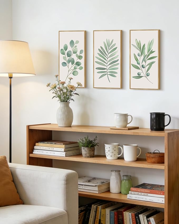 KUVIOKE Botanical Plant Wall Art Sage Eucalyptus Light Green Leaf Framed Wall Decor for Bedroom Living Room Bathroom Home Office Ready to Hang 8x10in3pcs Natural Framed