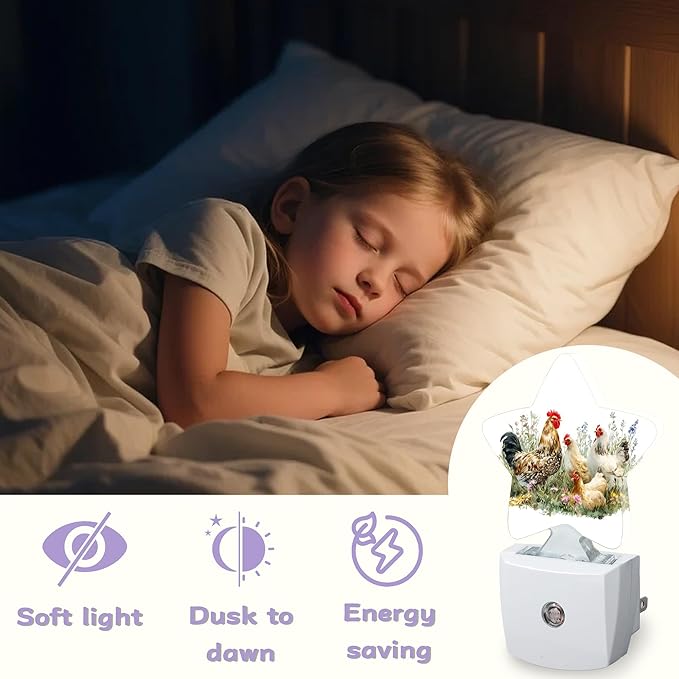 Chickens Hens Decorative Nightlight Plug in Wall,Grass Star Shaped Night Light with Built in Sensor for Home Decor,Kitchen Hallway Stairs Desk Lamp