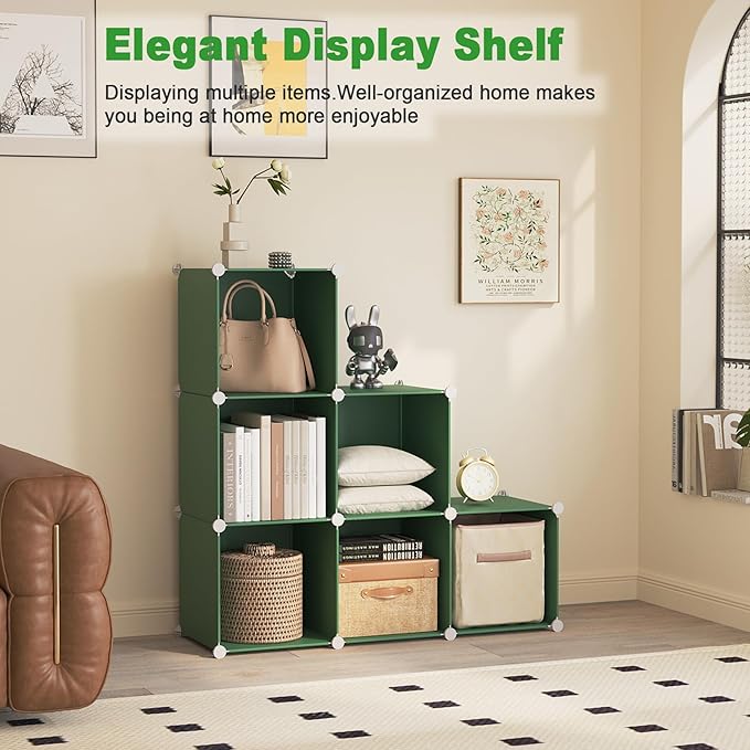 C&AHOME 6-Cube Storage Organizer, Stackable Storage Cubes Shelves, Portable Bookshelf, Plastic Clothing Storage Closet Organizer, DIY Modular Shelving Units for Wardrobe, Home, Green